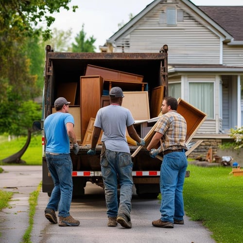 Group of three guys removing furniture for an estate sale into a dump truck from a residential house